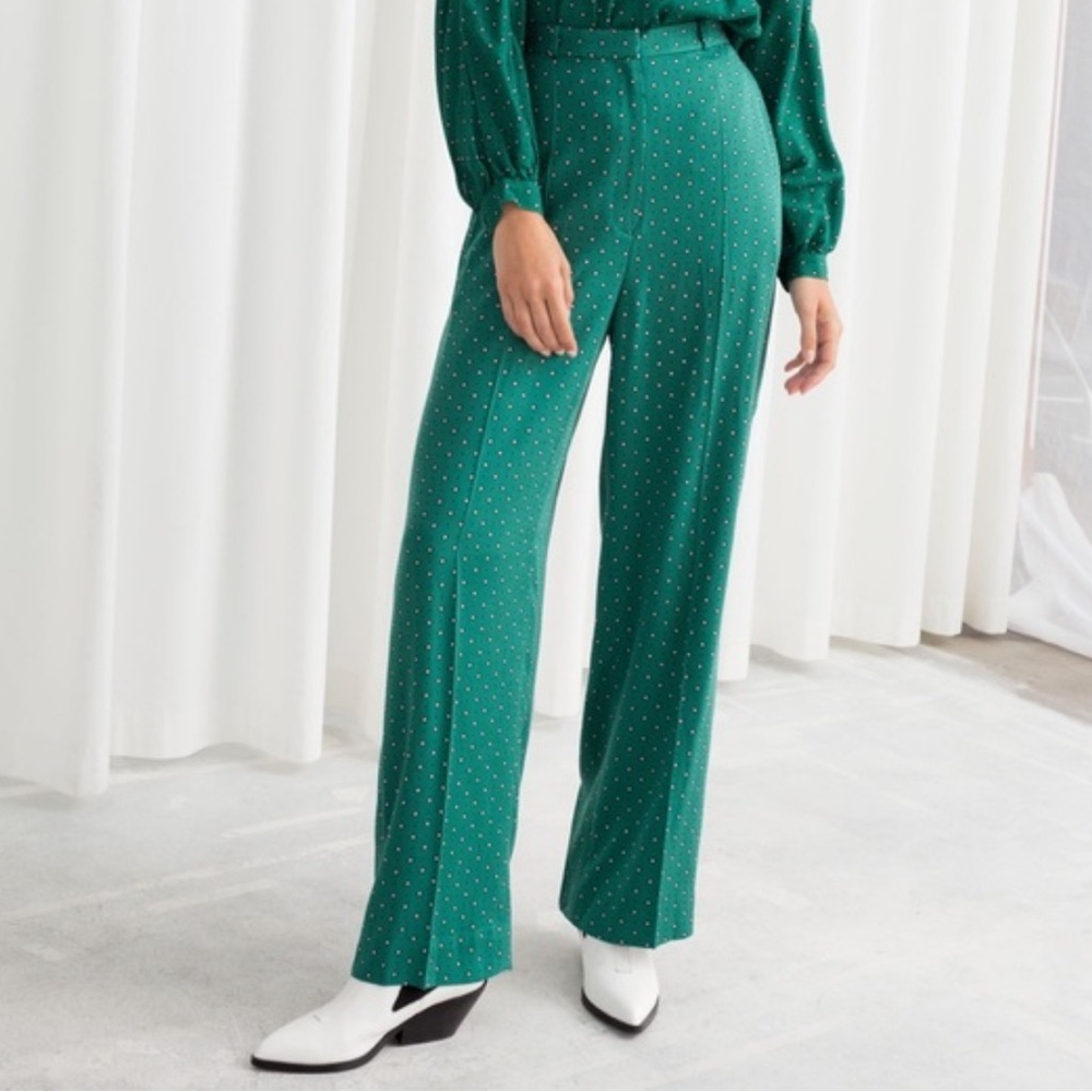 & Other Stories High Rise Wide Leg Retro Printed Green Pants Trousers Size 8 - Picture 1 of 11